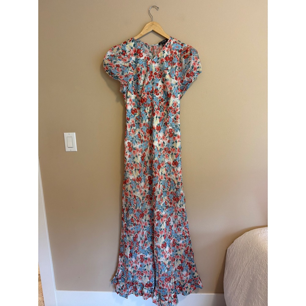 J.Crew Floral Ruffle Hem Midi Dress Red Blue Puff Sleeve Size 14T